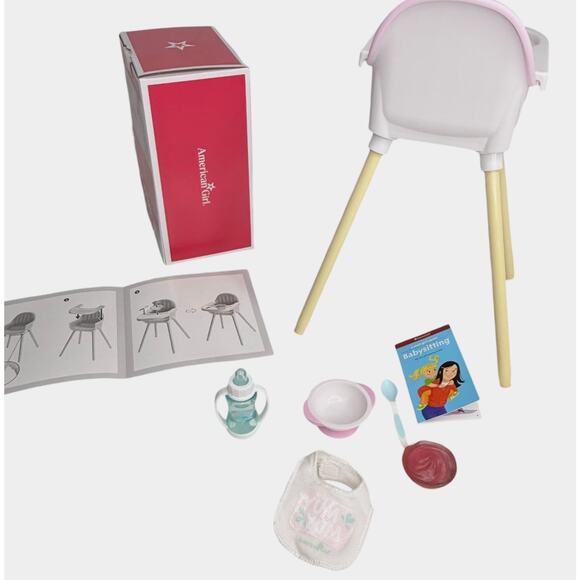 American Girl Little Bitty Baby High Chair Set Tray Food Bottle Bib Bowl Spoon - Picture 3 of 8